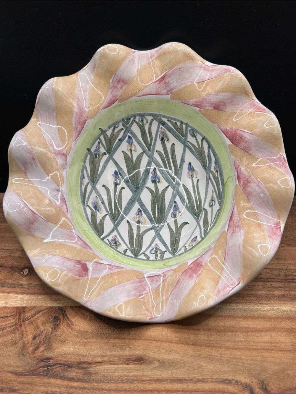 MacKenzie Childs Aurora NY Iris Pattern Bowl Scalloped Edge Hand Painted Ceramic